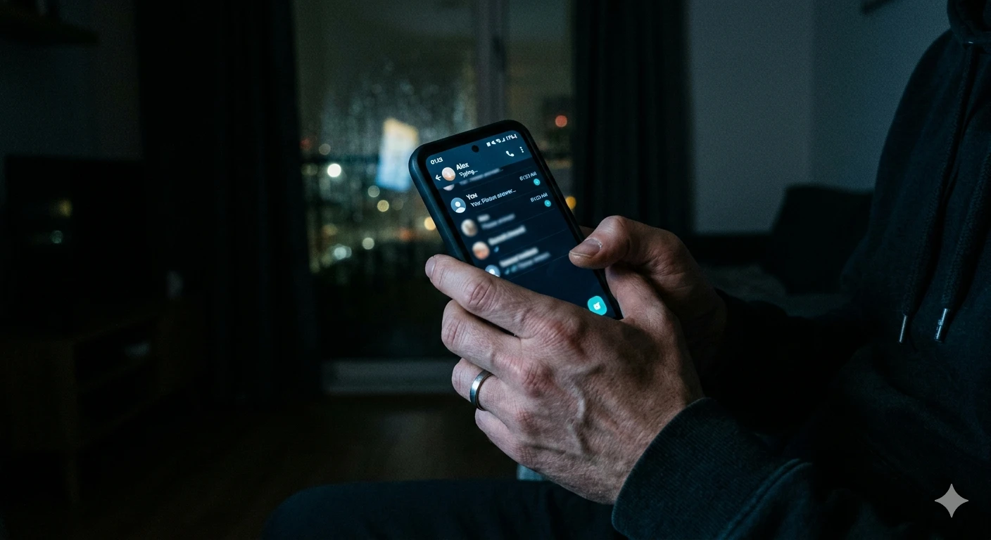 Homme tenant son smartphone la nuit — briser le silence radio et le blocage WhatsApp