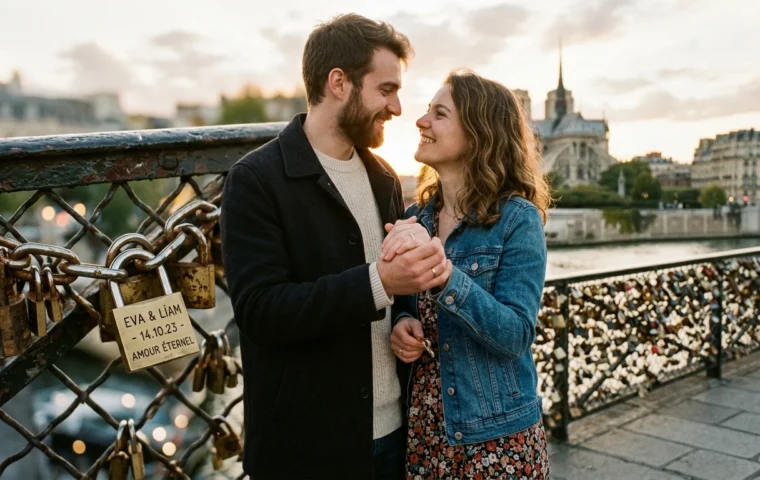 Couple de amoureux devant les cadenas d'amour du Pont des Arts à Paris